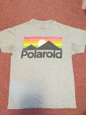 Vintage Polaroid Gray Tee with Rainbow Mountain Graphic Men's Size Medium